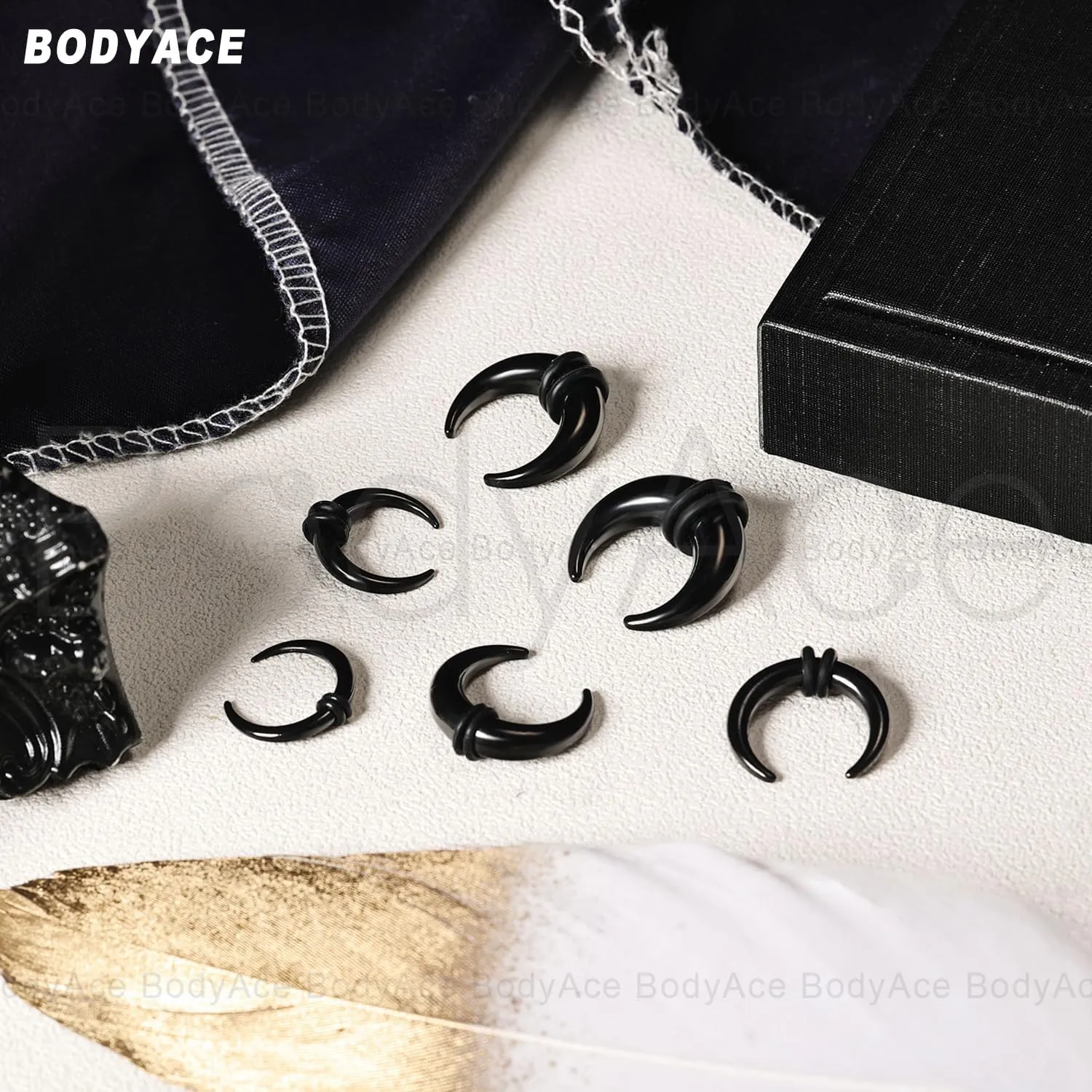 BodyAce 2Pairs C Shape Ear Taper Kit, 2-12G Buffalo Septum Pincher Tapers Nose Rings, Black Stretching Ear Expanded Septum Rings with O-Rings