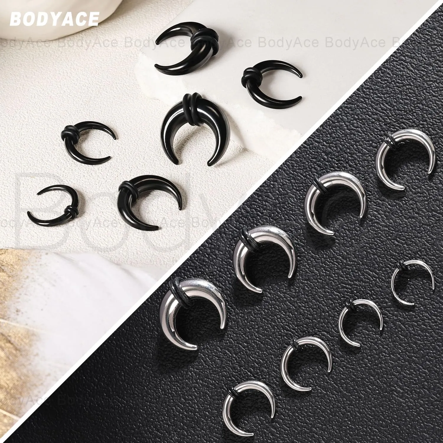 BodyAce 2Pairs C Shape Ear Taper Kit, 2-12G Buffalo Septum Pincher Tapers Nose Rings, Black Stretching Ear Expanded Septum Rings with O-Rings