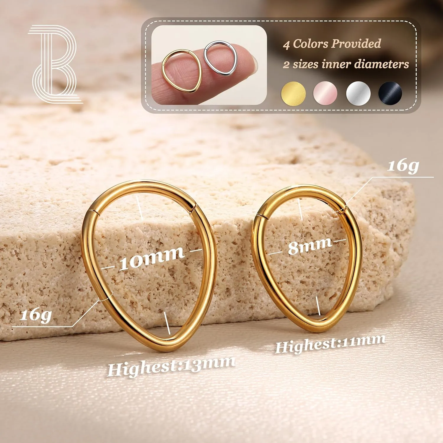 BodyBonita 16G Septum Rings Teardrop - 316L Surgical Steel Nose Rings Hoops Teardrop Seamless Hinged Cartilage Earrings for Women Conch Daith Piercing Jewelry Helix Rook Lip Gold/Silver/Black/RoseGold