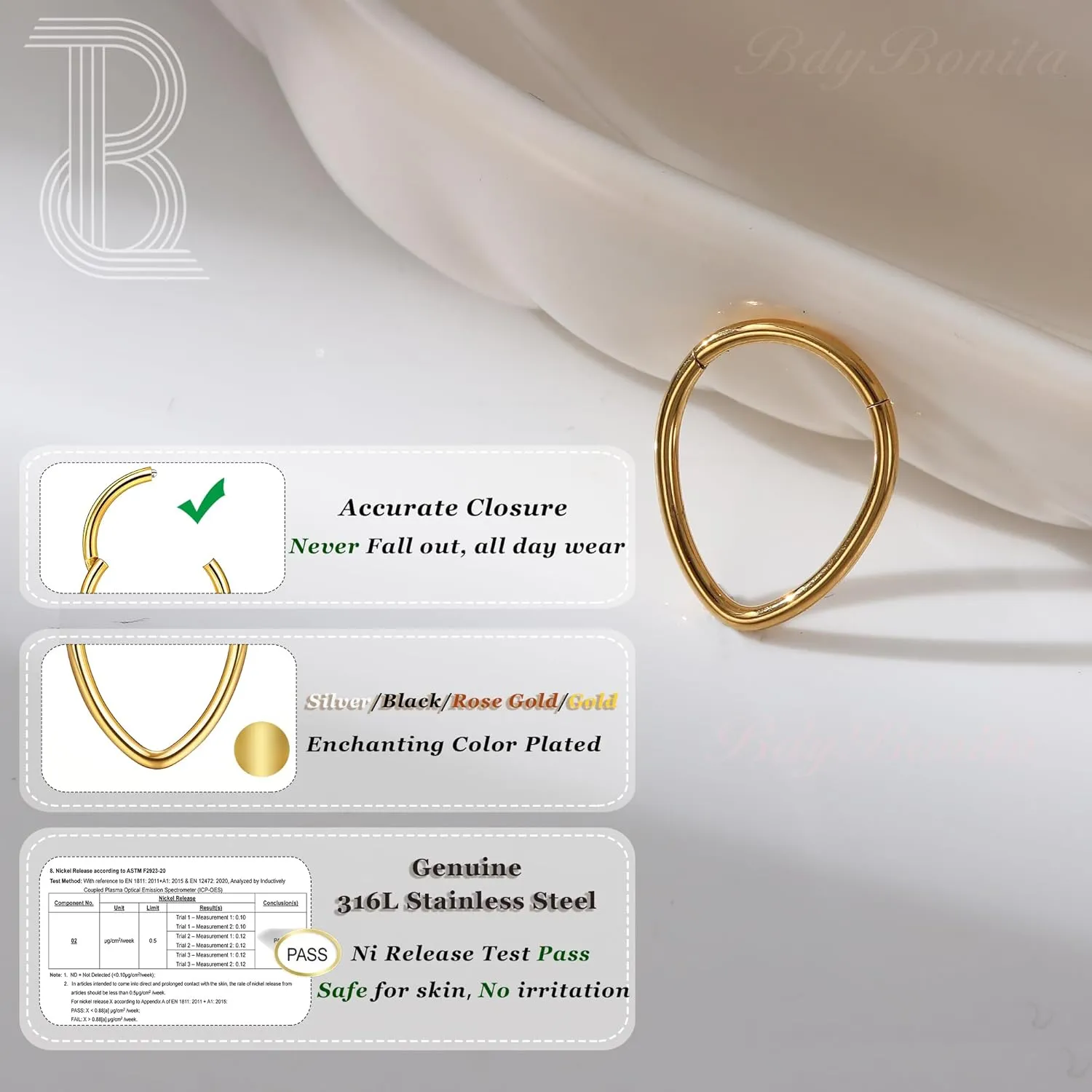 BodyBonita 16G Septum Rings Teardrop - 316L Surgical Steel Nose Rings Hoops Teardrop Seamless Hinged Cartilage Earrings for Women Conch Daith Piercing Jewelry Helix Rook Lip Gold/Silver/Black/RoseGold