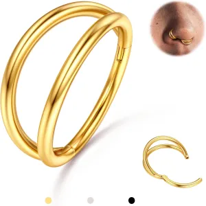 BodyBonita Triple/Double Hoop Nose Ring - G23 Titanium Septum Rings 16G/18G/20G CZ Nose Piercings Jewelry Conch Helix Daith Rook Tragus Cartilage Earring Hinged Nostril Piercing Gold/Black/Silver