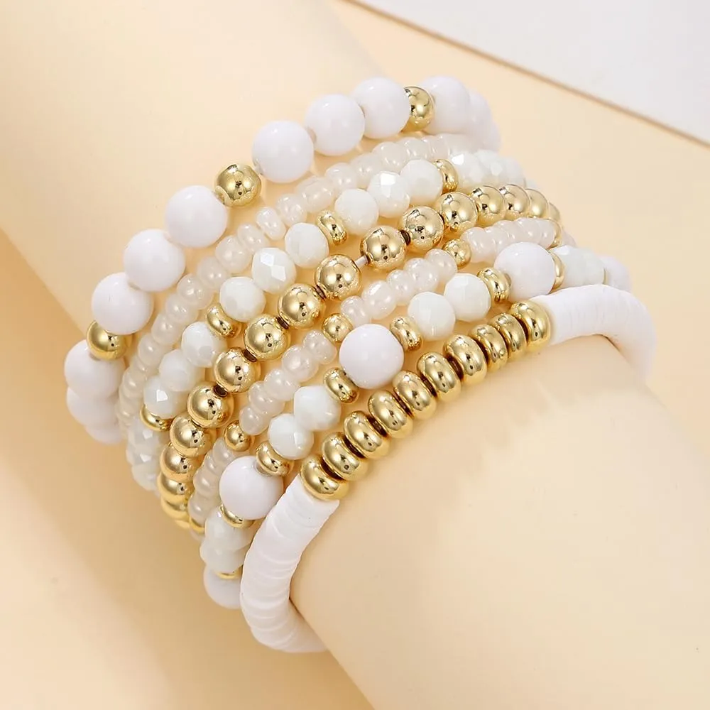 Bohemia Multilayer Stackable Crystal Beaded Bracelets Set Colorful Surfer Heishi Clay Gold Beaded Friendship Stretch Bracelets for Women Men Summer Beach Boho Vacation Jewelry Gifts