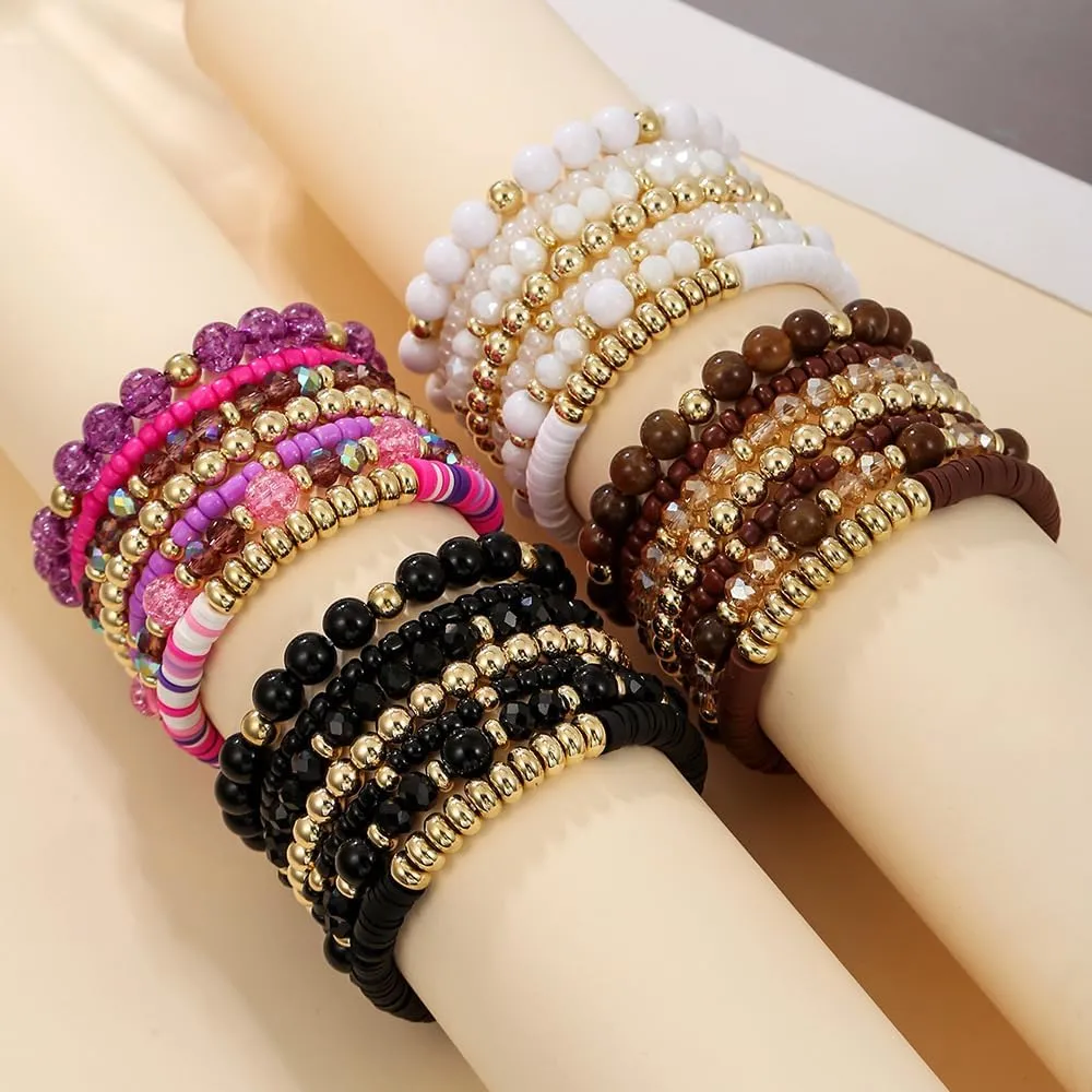 Bohemia Multilayer Stackable Crystal Beaded Bracelets Set Colorful Surfer Heishi Clay Gold Beaded Friendship Stretch Bracelets for Women Men Summer Beach Boho Vacation Jewelry Gifts