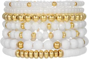 Bohemia Multilayer Stackable Crystal Beaded Bracelets Set Colorful Surfer Heishi Clay Gold Beaded Friendship Stretch Bracelets for Women Men Summer Beach Boho Vacation Jewelry Gifts