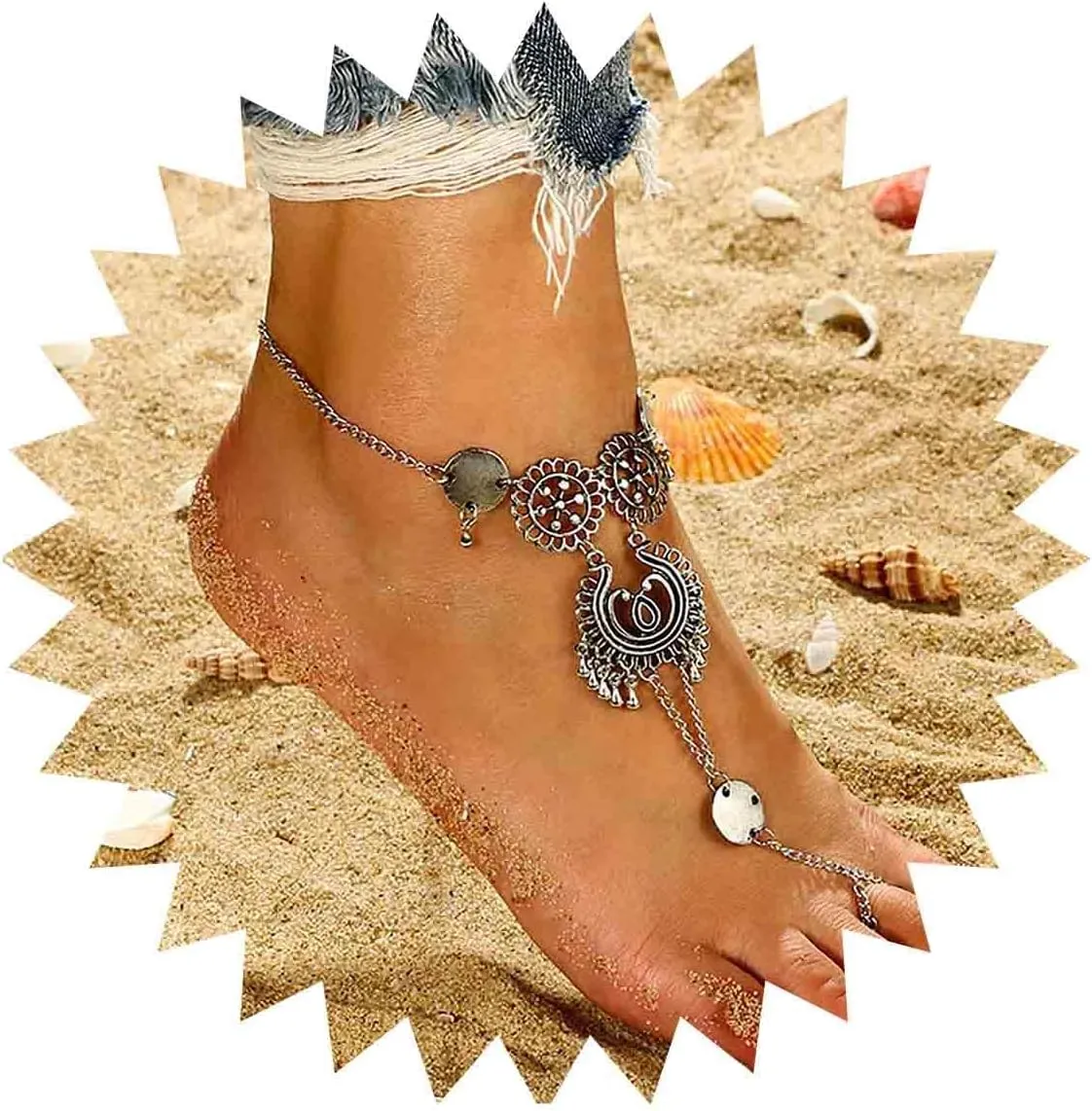 Boho Disc Barefoot Sandals Anklets Bracelet Silver Disc Ankle Bracelet Tribal Tassel Toe Chain Anklet Summer Beach Ankle Chain Foot Jewelry for Women