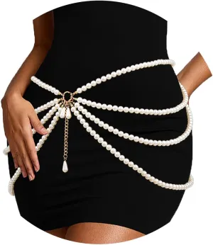 Boho Pearl Body Chain Gold Layered Waist Chains Pearls Pendant Belly Chain Rave Nightclub Party Body Accessories for Women