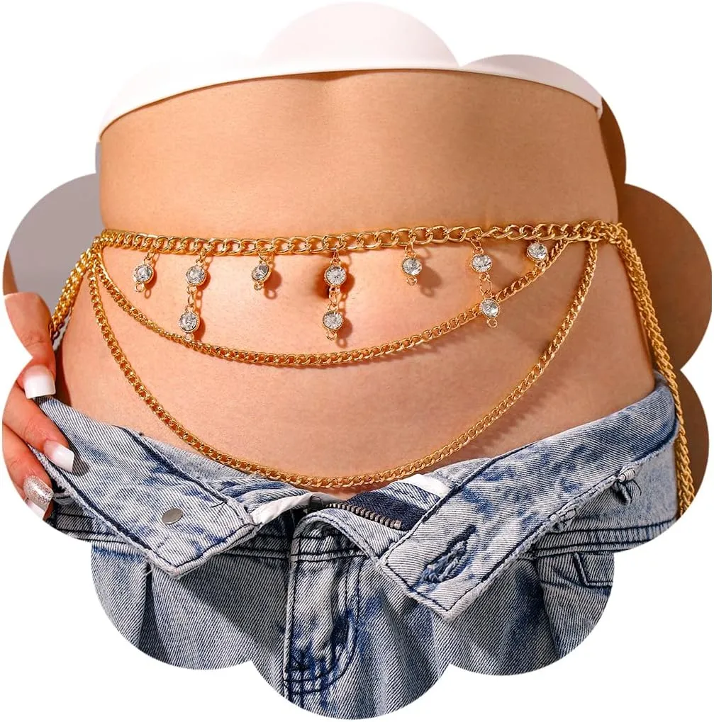 Boho Rhinestone Body Chain Gold Layered Waist Chains Sexy Tassel Belly Chain Sparkly Crystal Body Accessories for Women and Girls