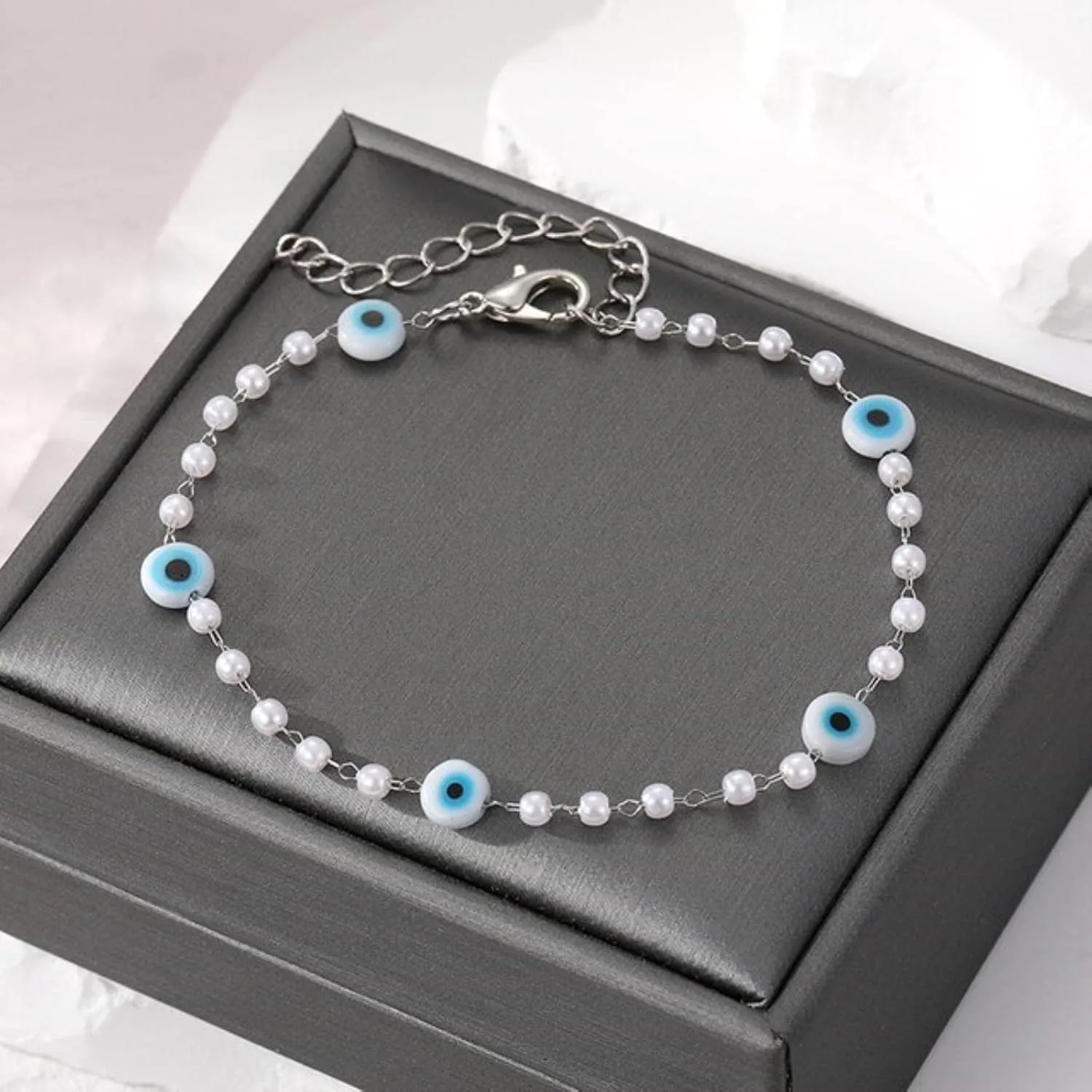 Boho Turkish Blue Evil Eye Bead Bracelet for Women Gift Lucky Eye Imitation Pearl Ball Hand Chains Anklets Party Wedding Jewelry