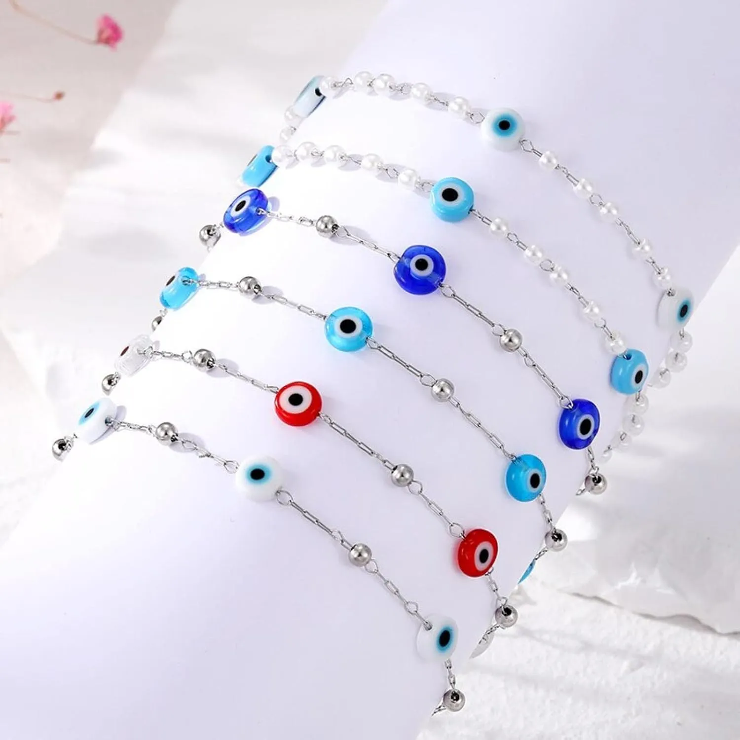 Boho Turkish Blue Evil Eye Bead Bracelet for Women Gift Lucky Eye Imitation Pearl Ball Hand Chains Anklets Party Wedding Jewelry