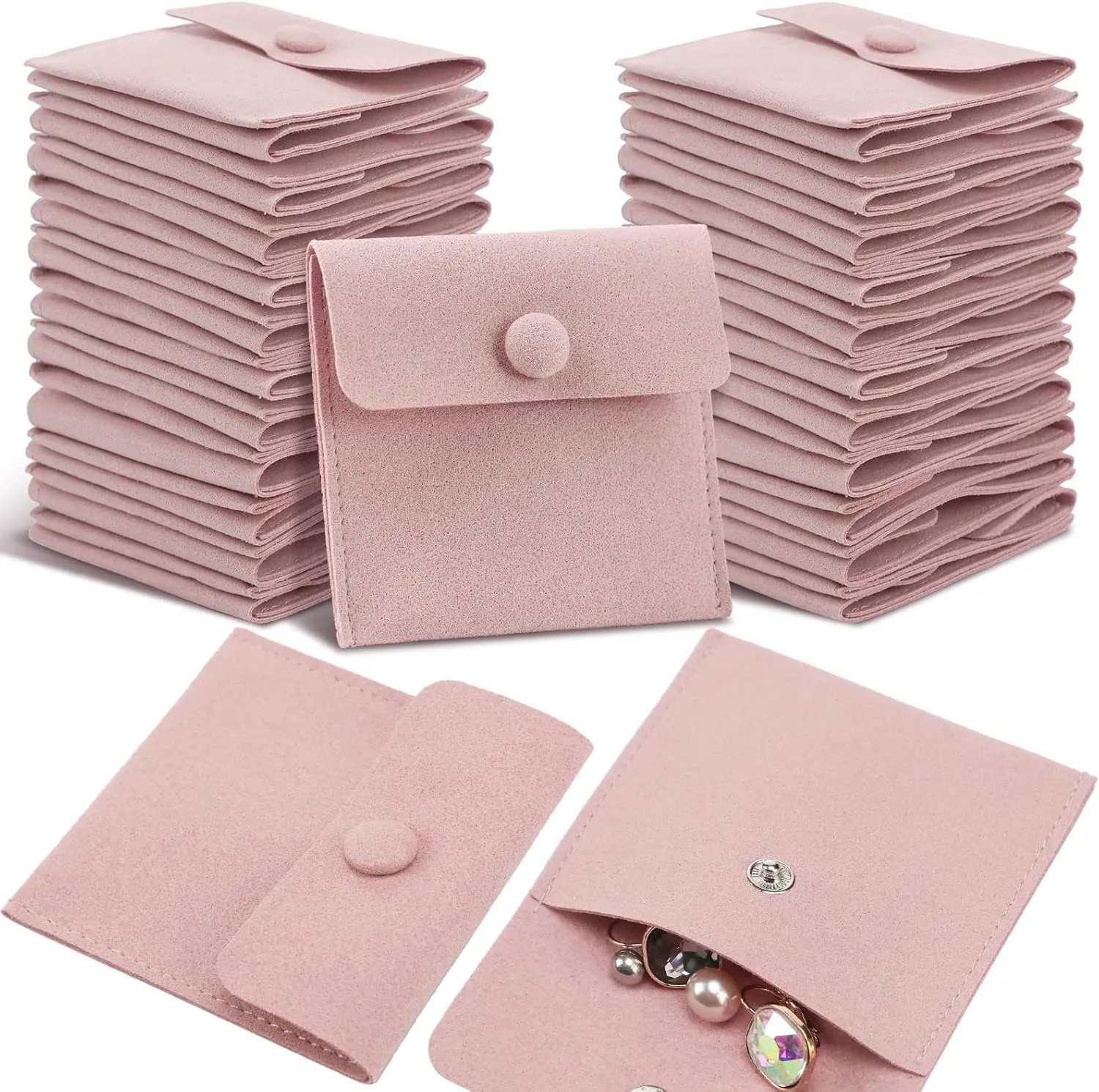 Bonuci Microfiber Jewelry Pouch 8x8cm, Jewelry Packaging Bag Luxury Small Gift Bags Package Snap Button with Divider Microfiber Bag for Bracelet Necklace Packaging