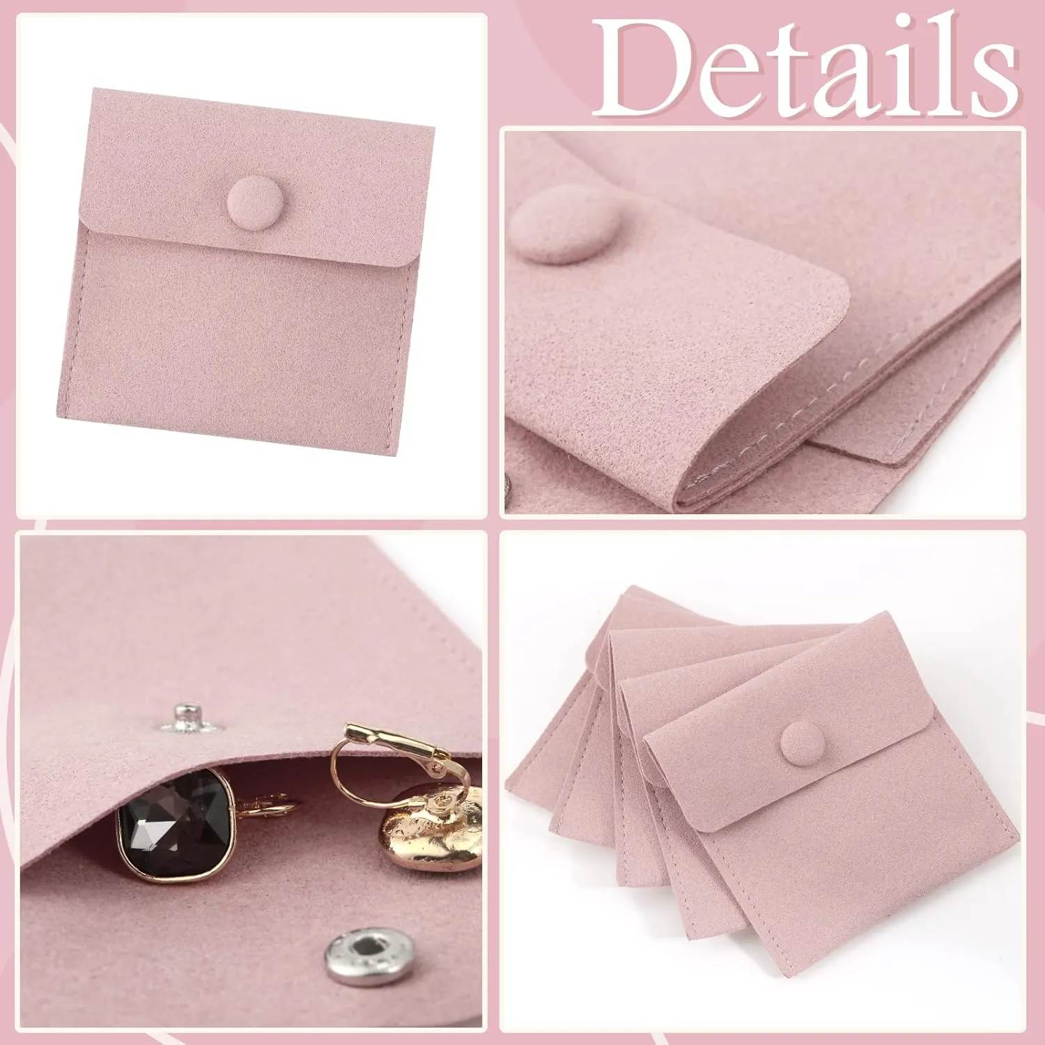 Bonuci Microfiber Jewelry Pouch 8x8cm, Jewelry Packaging Bag Luxury Small Gift Bags Package Snap Button with Divider Microfiber Bag for Bracelet Necklace Packaging