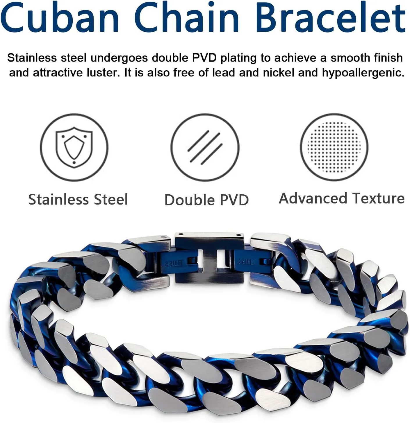 Bracelets for Men-Stainless Steel Fold Over Clasp Cuban Chain Mens Bracelet