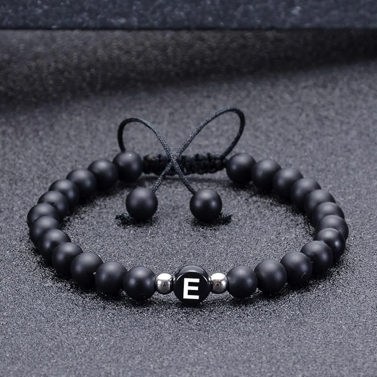 Braided Bracelet String, Agate Bead Bracelet Black Agate Adjustable Beads with Letter A Metal Nature Stone for Men Women Prom Jewelry