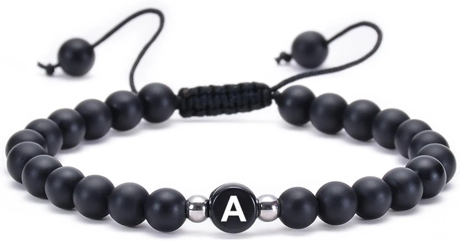 Braided Bracelet String, Agate Bead Bracelet Black Agate Adjustable Beads with Letter A Metal Nature Stone for Men Women Prom Jewelry