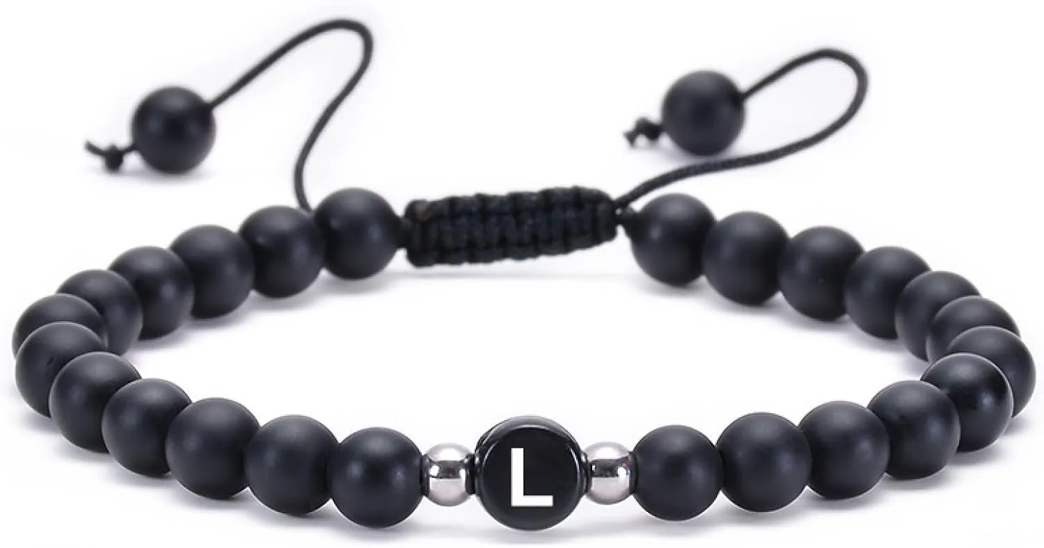 Braided Bracelet String, Agate Bead Bracelet Black Agate Adjustable Beads with Letter A Metal Nature Stone for Men Women Prom Jewelry