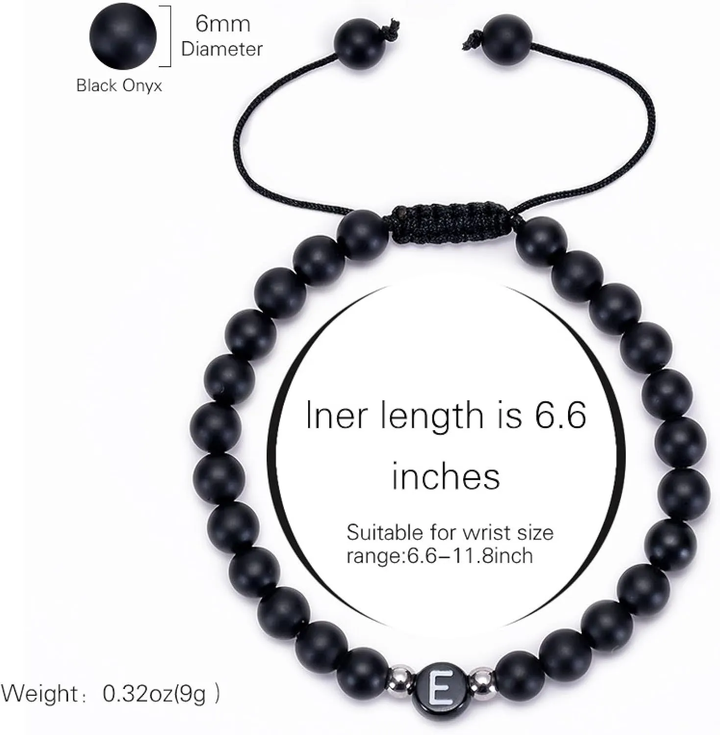 Braided Bracelet String, Agate Bead Bracelet Black Agate Adjustable Beads with Letter A Metal Nature Stone for Men Women Prom Jewelry
