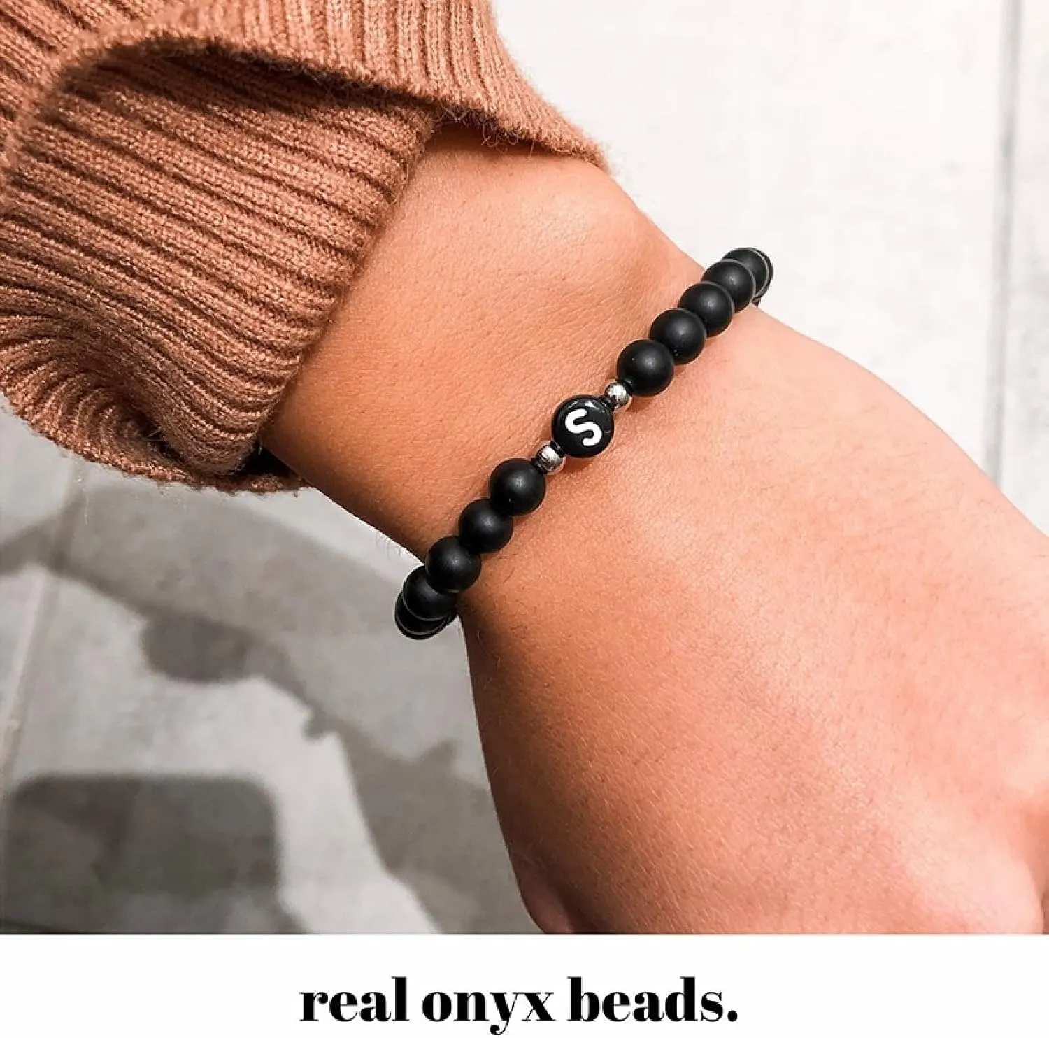 Braided Bracelet String, Agate Bead Bracelet Black Agate Adjustable Beads with Letter A Metal Nature Stone for Men Women Prom Jewelry