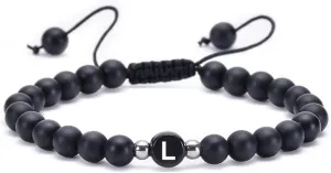 Braided Bracelet String, Agate Bead Bracelet Black Agate Adjustable Beads with Letter A Metal Nature Stone for Men Women Prom Jewelry