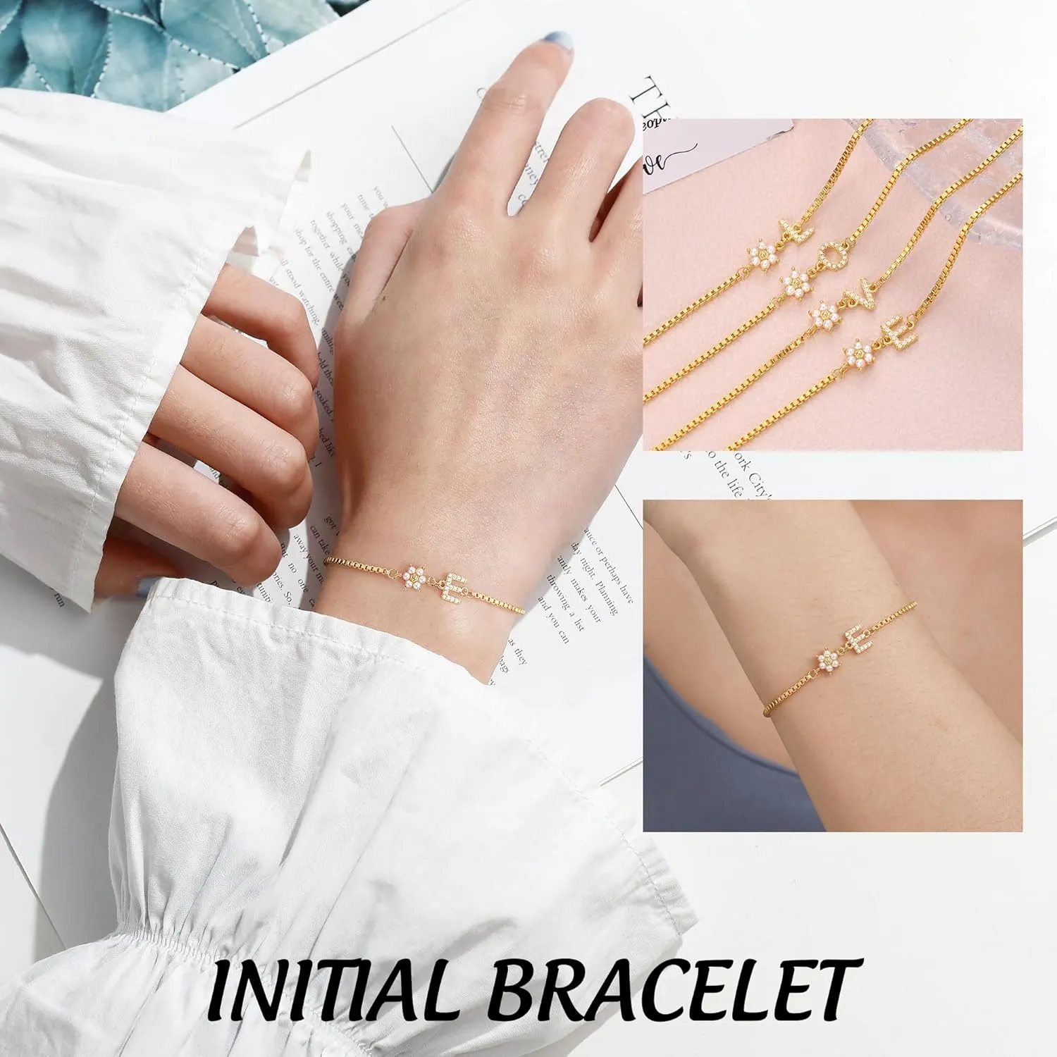 Bridesmaid Proposal Gifts Initial Bracelet for Women with Flower Pearl Bracelets for Teen Girl with Letter 14k Gold Plated Bracelet with Floral Adjustable Wedding Flower Girl Gift Junior Bridesmaid Bracelets Jewelry