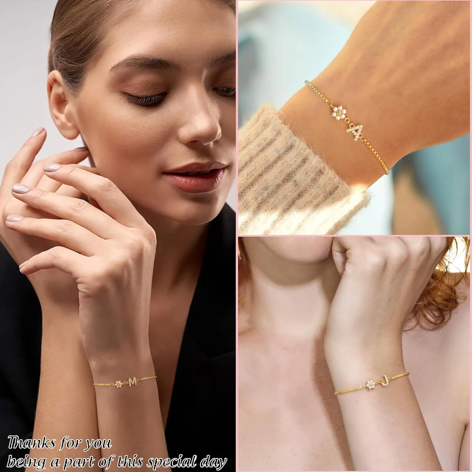 Bridesmaid Proposal Gifts Initial Bracelet for Women with Flower Pearl Bracelets for Teen Girl with Letter 14k Gold Plated Bracelet with Floral Adjustable Wedding Flower Girl Gift Junior Bridesmaid Bracelets Jewelry