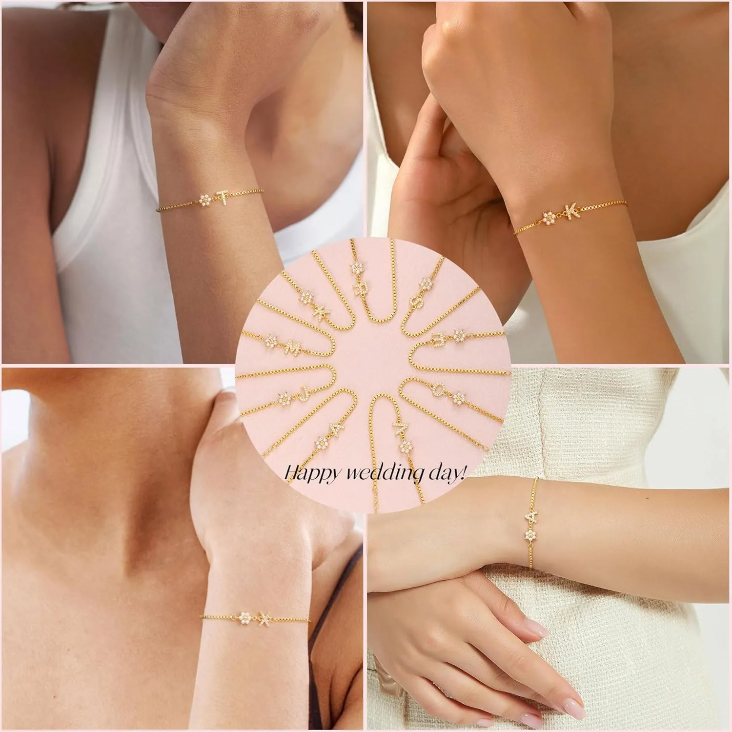 Bridesmaid Proposal Gifts Initial Bracelet for Women with Flower Pearl Bracelets for Teen Girl with Letter 14k Gold Plated Bracelet with Floral Adjustable Wedding Flower Girl Gift Junior Bridesmaid Bracelets Jewelry