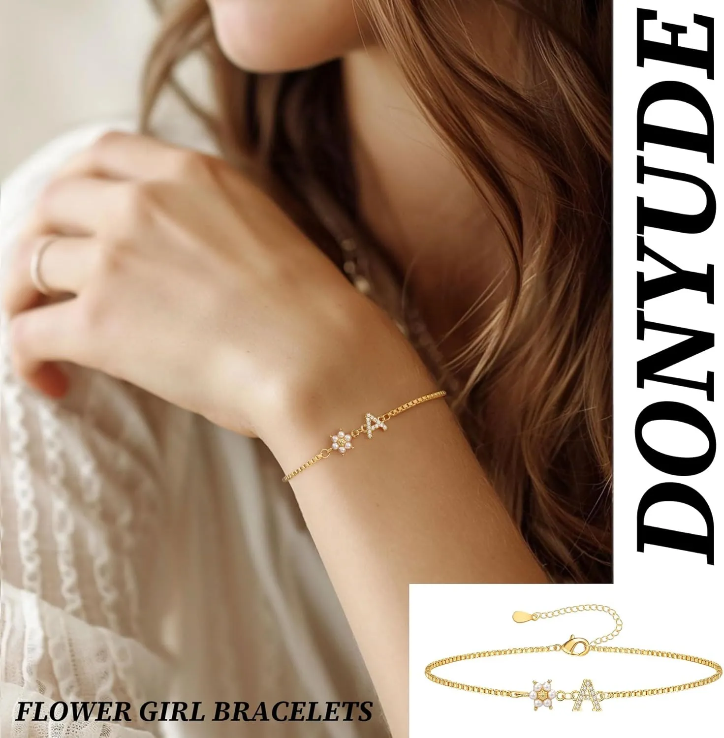 Bridesmaid Proposal Gifts Initial Bracelet for Women with Flower Pearl Bracelets for Teen Girl with Letter 14k Gold Plated Bracelet with Floral Adjustable Wedding Flower Girl Gift Junior Bridesmaid Bracelets Jewelry