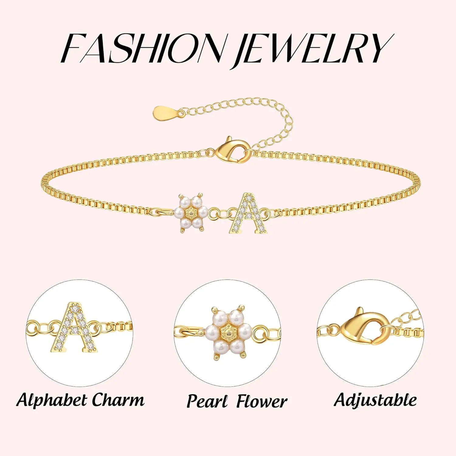 Bridesmaid Proposal Gifts Initial Bracelet for Women with Flower Pearl Bracelets for Teen Girl with Letter 14k Gold Plated Bracelet with Floral Adjustable Wedding Flower Girl Gift Junior Bridesmaid Bracelets Jewelry