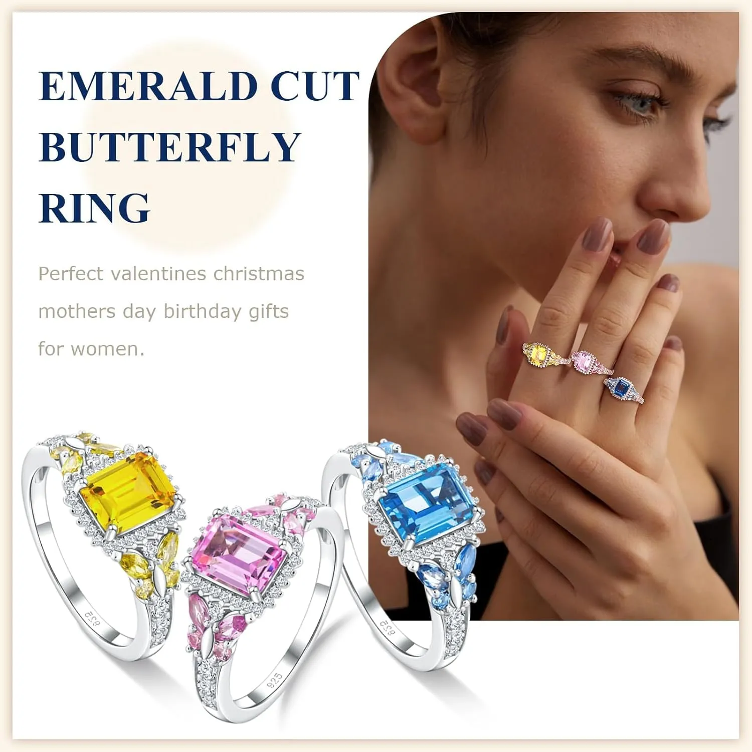 Butterfly Rings for Women, 925 Sterling Silver 3-4 Carat Birthstone Halo Ring Amethyst/Emerald/Blue Sapphire/Ruby Promise Ring Emerald Cut Engagement Rings for Her,Lovers Birthday Valentines Gift