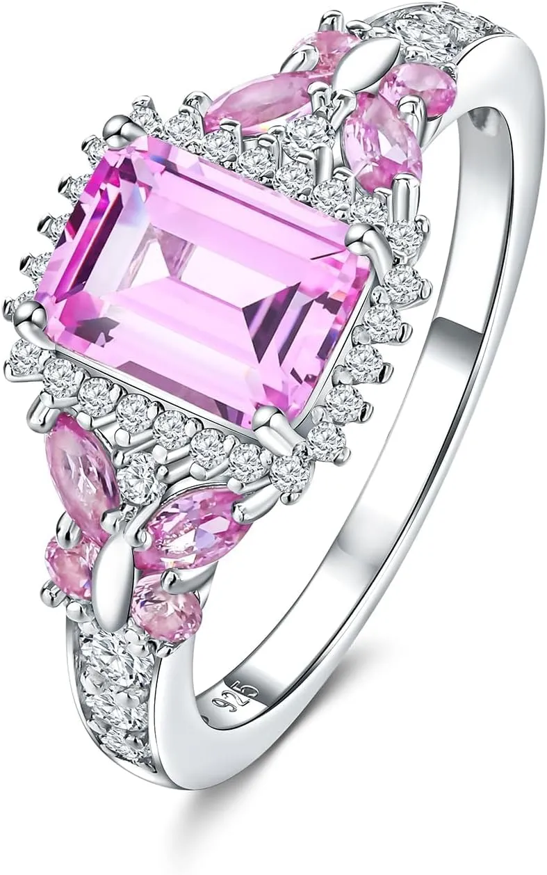 Butterfly Rings for Women, 925 Sterling Silver 3-4 Carat Birthstone Halo Ring Amethyst/Emerald/Blue Sapphire/Ruby Promise Ring Emerald Cut Engagement Rings for Her,Lovers Birthday Valentines Gift