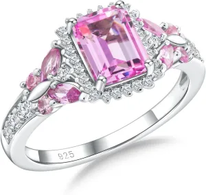 Butterfly Rings for Women, 925 Sterling Silver 3-4 Carat Birthstone Halo Ring Amethyst/Emerald/Blue Sapphire/Ruby Promise Ring Emerald Cut Engagement Rings for Her,Lovers Birthday Valentines Gift