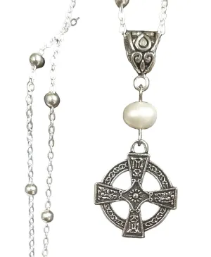 Celtic Cross Pearl Handmade Necklace on a Sterling Silver Chain