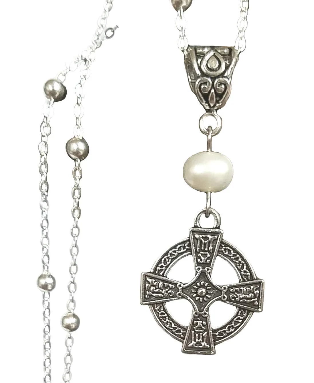Celtic Cross Pearl Handmade Necklace on a Sterling Silver Chain