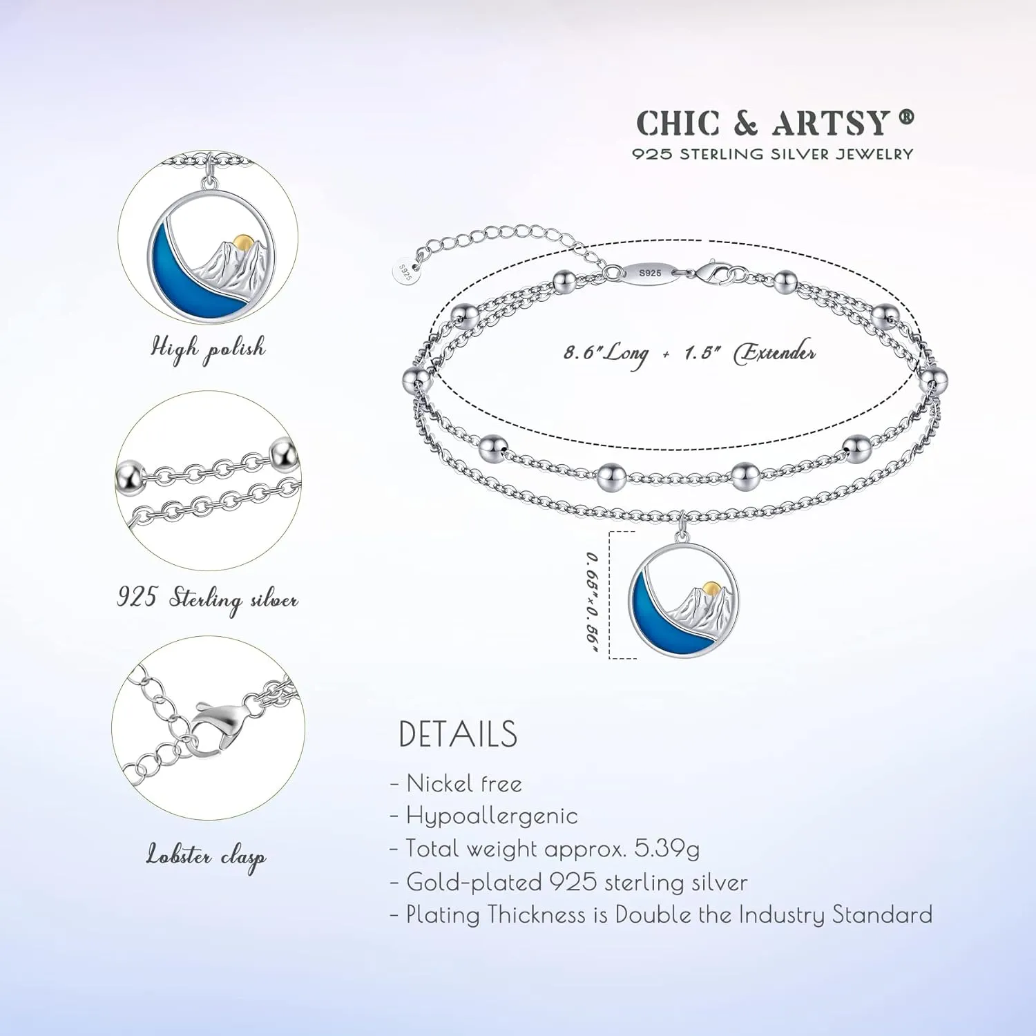CHIC & ARTSY Dainty Anklets S925 Sterling Silver Summer Layered Anklet Bracelet Adjustable Multilayer Beach Anklet Bracelet Foot Jewelry for Women 10-11 Inches