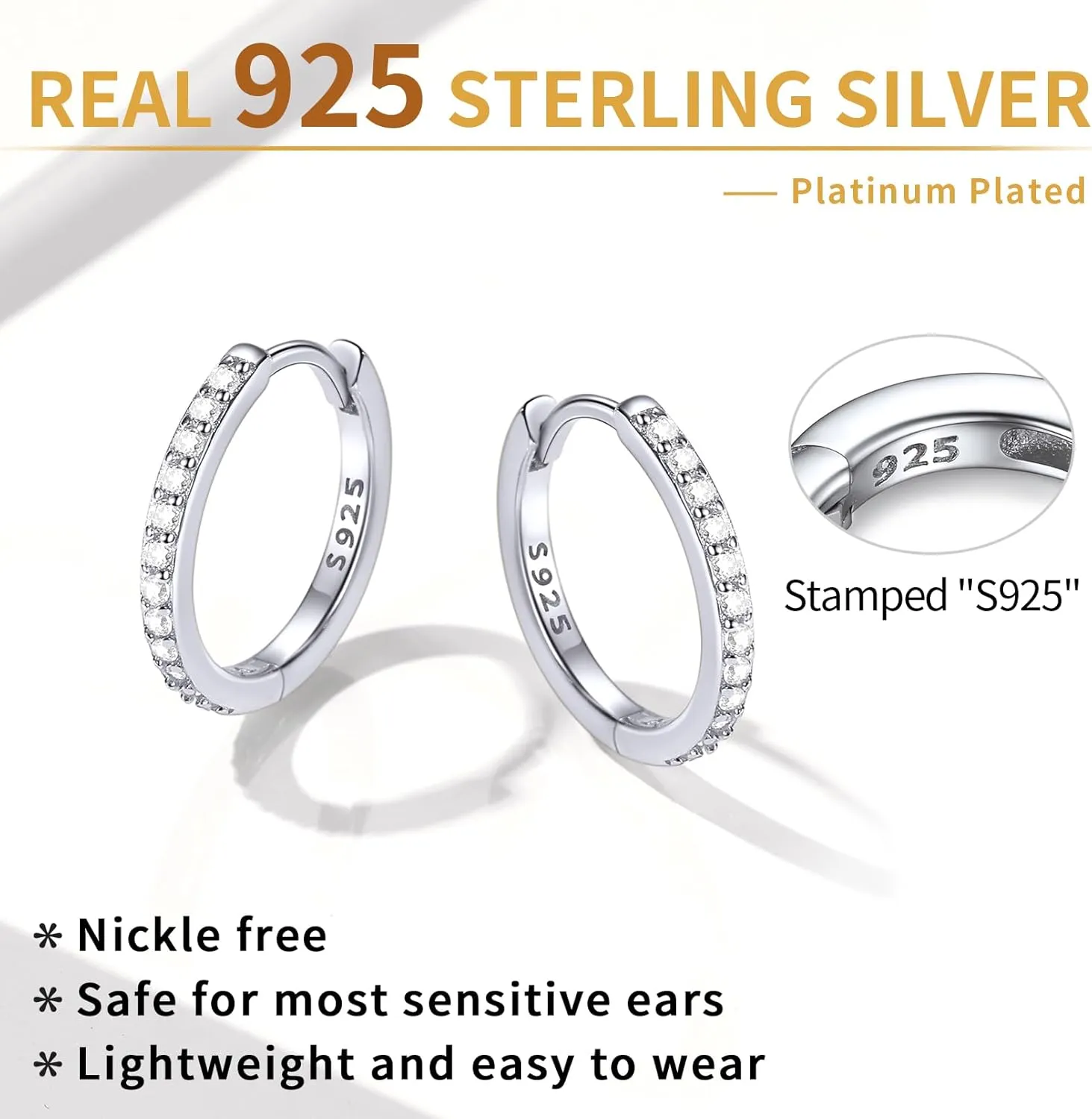 ChicSilver 925 Sterling Silver Small Hoop Earrings for Women Cubic Zirconia Gold Plated Sterling Silver Huggie Hoop Earring Cartilage Earrings Hypoallergenic Lightweight (6mm/8mm/10mm/12mm)