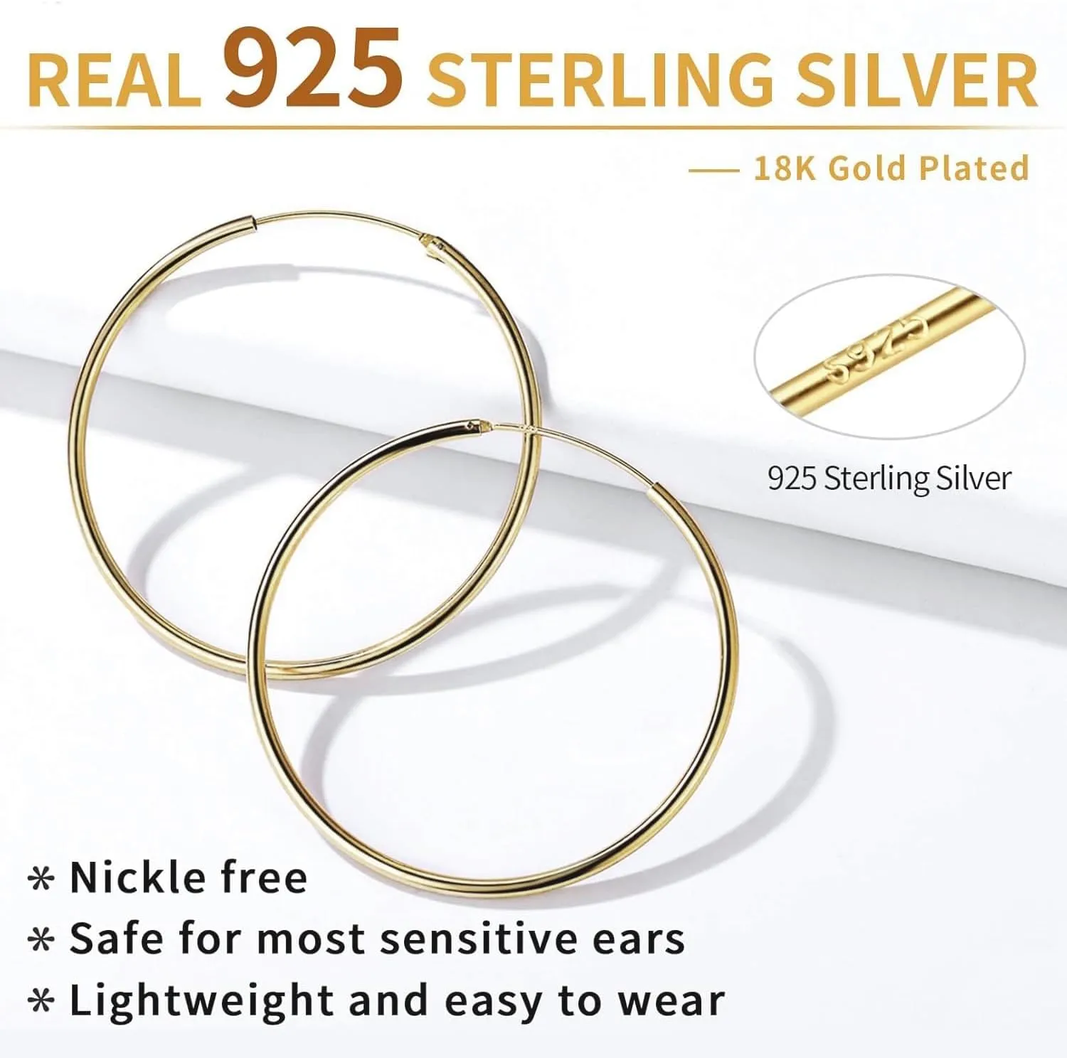 ChicSilver Hypoallergenic 925 Sterling Silver Hoop Earrings Lightweight Large Silver Hoop Earrings for Women, Endless Huggie Earrings 15/20/30/50/70MM