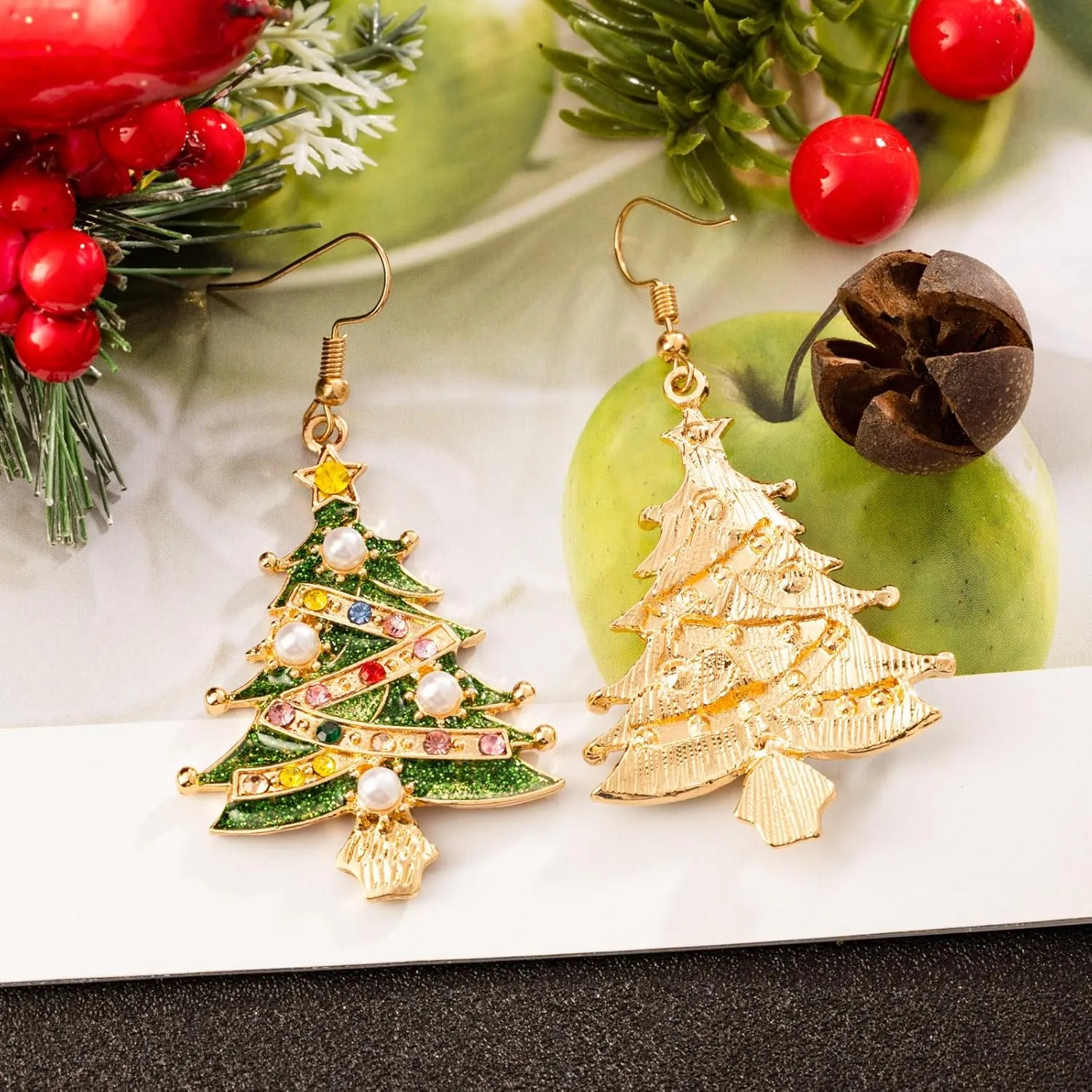 Christmas Tree Earrings for Women Crystal Earrings for Christmas Dangle Earrings Red Green