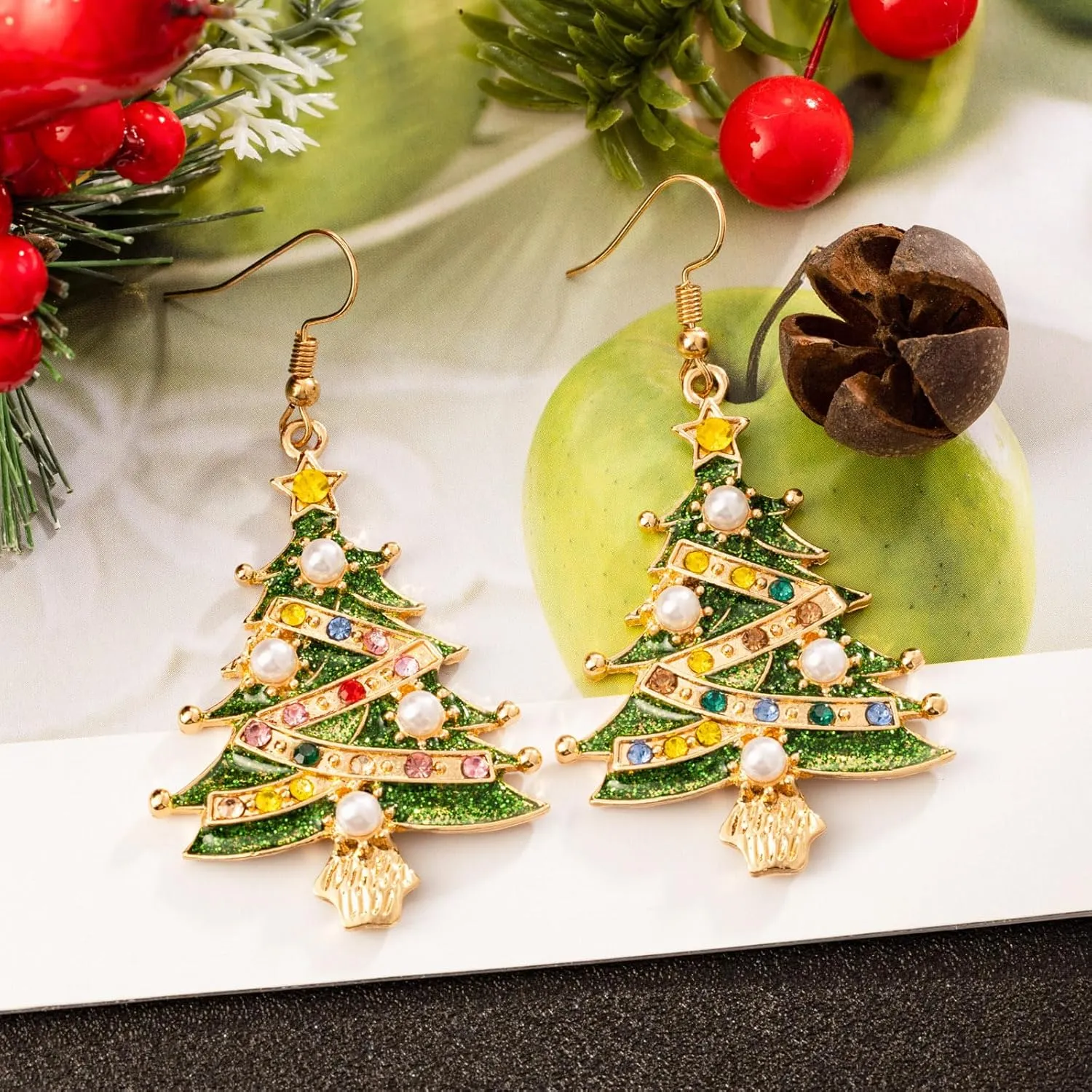 Christmas Tree Earrings for Women Crystal Earrings for Christmas Dangle Earrings Red Green