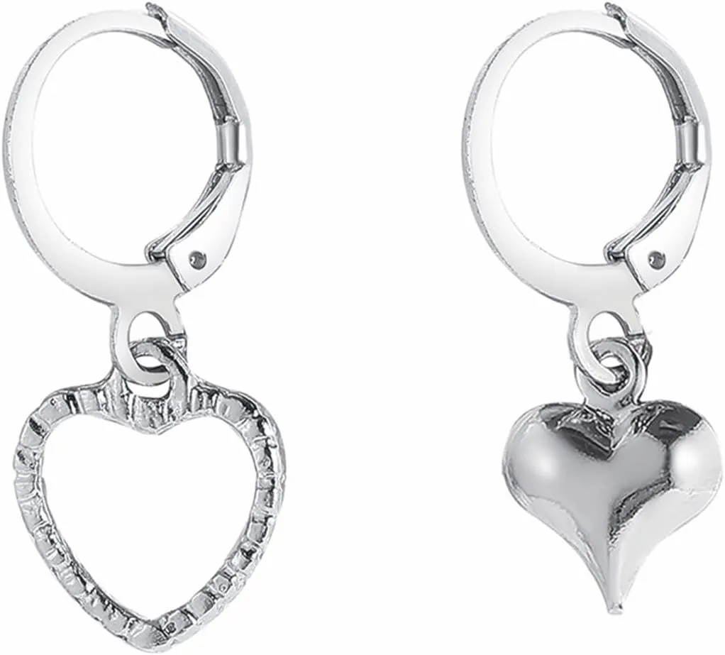 Chunky Heart Small Hoop Earrings Silver Plated Asymmetric Dainty Hollow Love Heart Geometric Dangle Drop Earrings for Women Minimalist Birthday Valentine's Day Christmas Fashion Jewelry Gifts