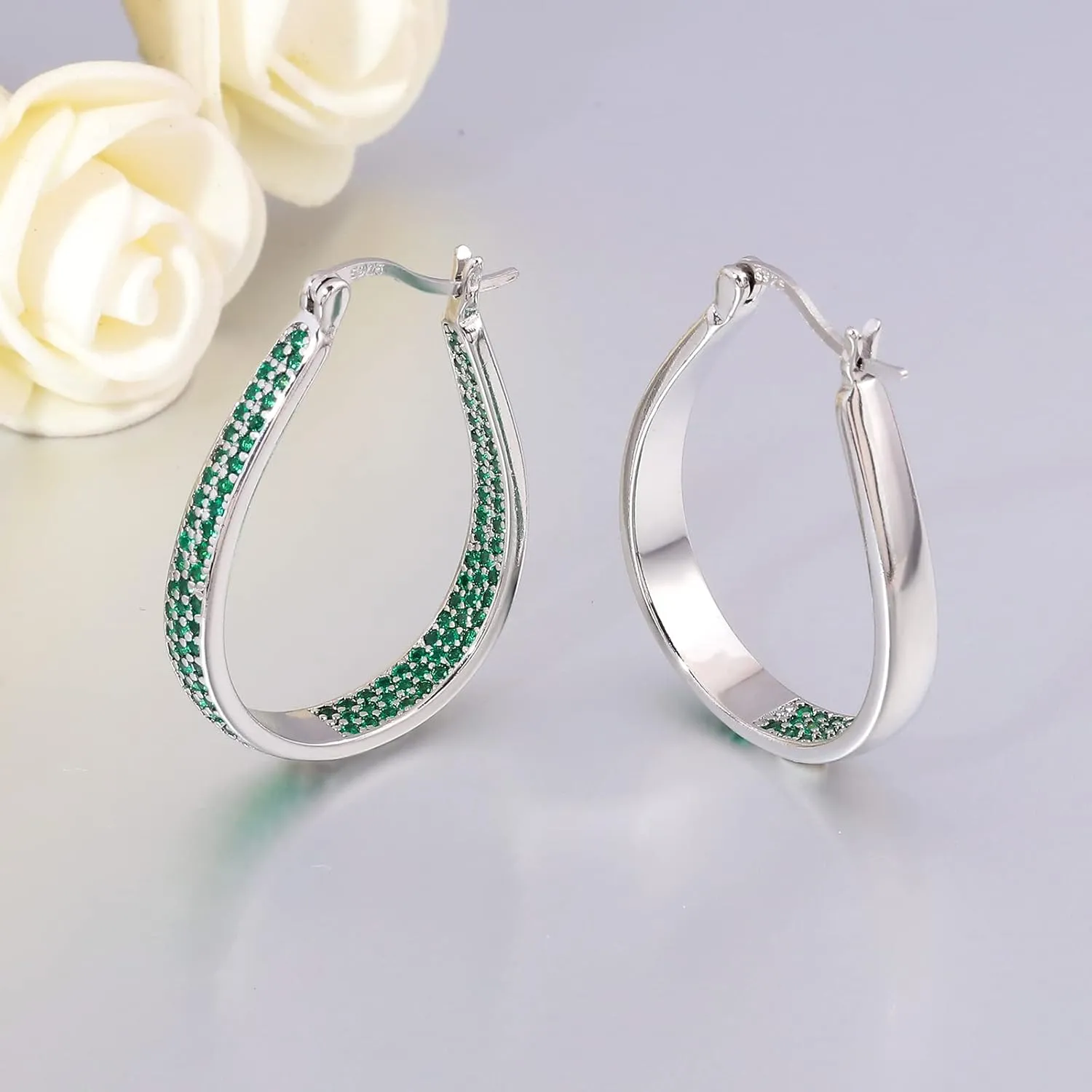 CiNily 925 Sterling Silver Post Hoop Earrings for Women Gilrs Multcolors Cubic Zircon Hoops 14K Gold Plated Oval Chunky Hoop Earrings Jewelry Gift for Mothers Day/July 4th/Wedding/Party/Christmas