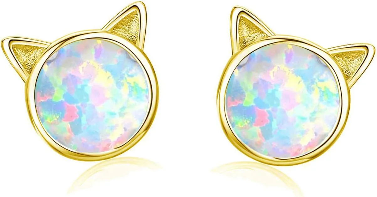 CiNily Opal Stud Earrings,White Gold/Rose Gold Plated Cat Ear/Moon and Star/Dog Bone/Rainbow/Butterfly Small Cute Earrings for Women Girls Hypoallergenic Jewelry Gifts for Sensitive Ears