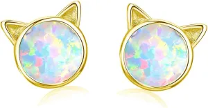 CiNily Opal Stud Earrings,White Gold/Rose Gold Plated Cat Ear/Moon and Star/Dog Bone/Rainbow/Butterfly Small Cute Earrings for Women Girls Hypoallergenic Jewelry Gifts for Sensitive Ears