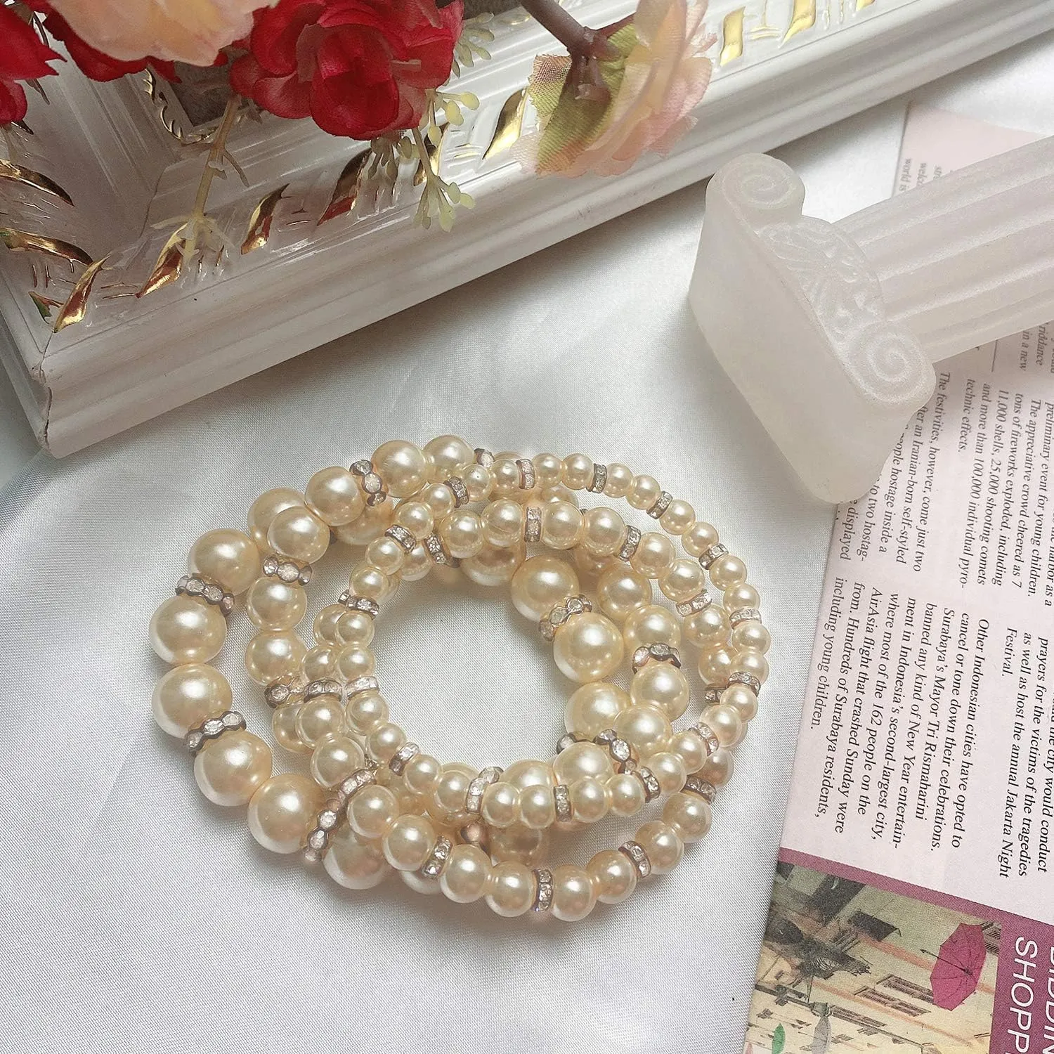 Coiris 4pcs /Set Imitation Pearl Bracelets Crystal Women Multi Layer (BR1113)