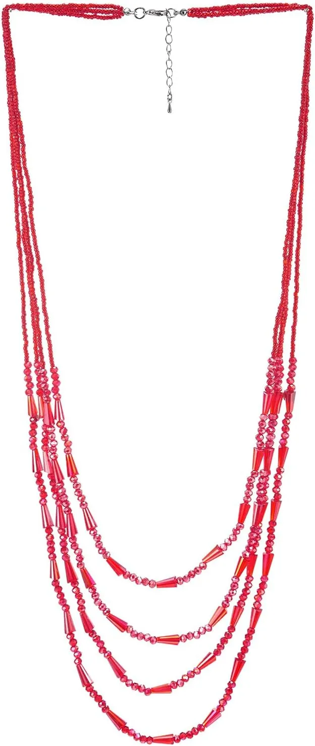 COOLSTEELANDBEYOND Fabulous Red Crystal Beads Statement Necklace Multi-Strand Long Chains Layered Necklace