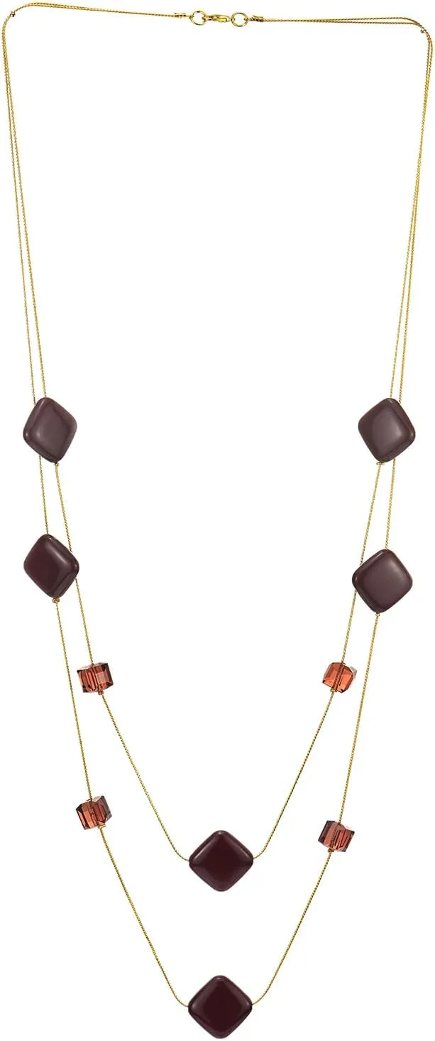 COOLSTEELANDBEYOND Fashion Brown Red Crystal Layered Necklace, Two-Strand Long Chains Gold Statement Necklace