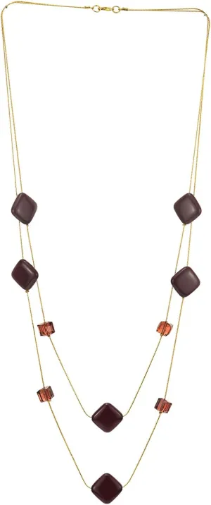 COOLSTEELANDBEYOND Fashion Brown Red Crystal Layered Necklace, Two-Strand Long Chains Gold Statement Necklace