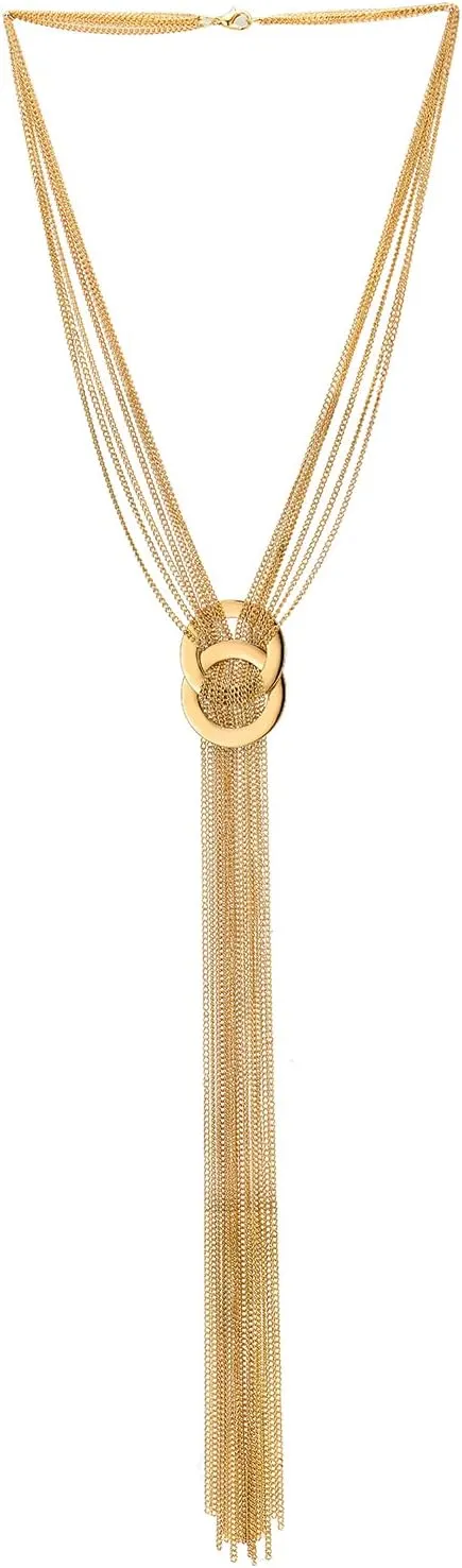 COOLSTEELANDBEYOND Gold Multi-Strand Chains Necklace Two Interlocking Circles Charm Long Tassel Pendant