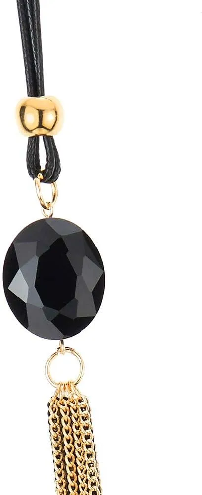 COOLSTEELANDBEYOND Statement Necklace Multi-Strand Long Chains with Black Gem Stone Charms Pendant, Dress