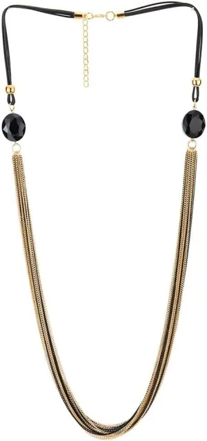COOLSTEELANDBEYOND Statement Necklace Multi-Strand Long Chains with Black Gem Stone Charms Pendant, Dress