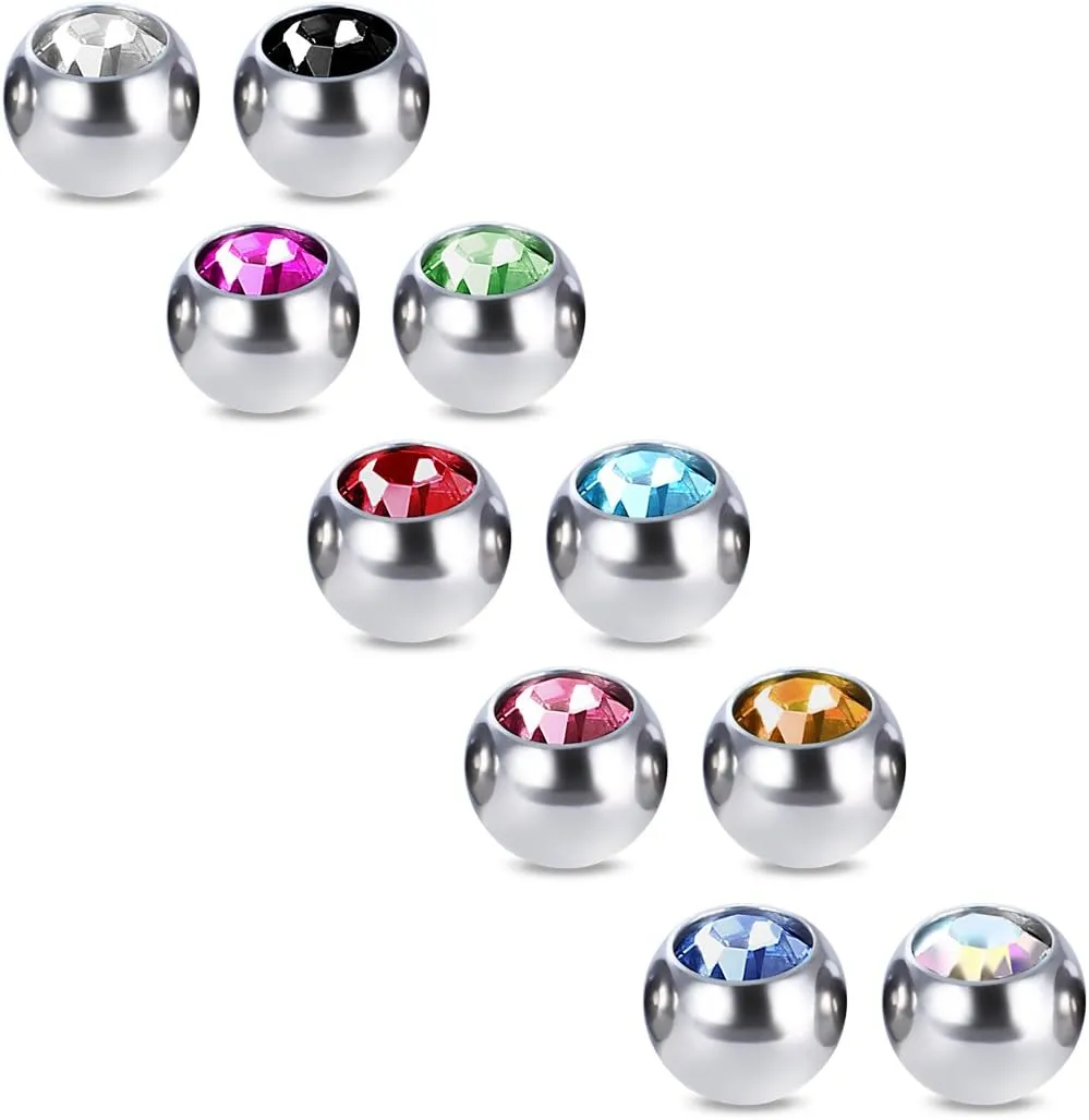 COTTVOTT 10pcs Crystals Screw 14G 16G Tongue Labret Eyebrow Horseshoe Belly Rings Earrings Replacement Balls Stainless Steel Piercings