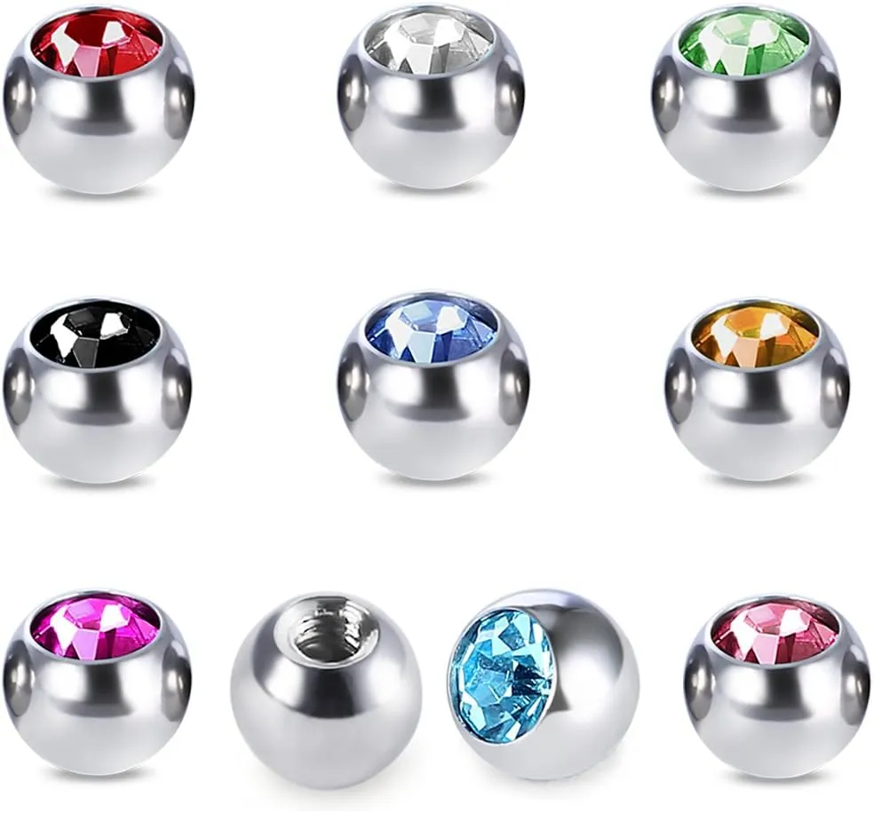 COTTVOTT 10pcs Crystals Screw 14G 16G Tongue Labret Eyebrow Horseshoe Belly Rings Earrings Replacement Balls Stainless Steel Piercings